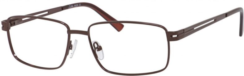 Brown rectangular metal frame eyeglasses.