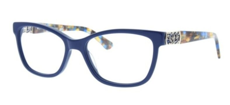 Blue eyeglasses with patterned arms.