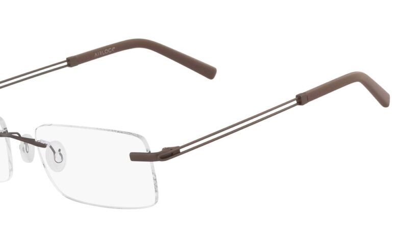 Brown rimless Airlock eyeglasses.