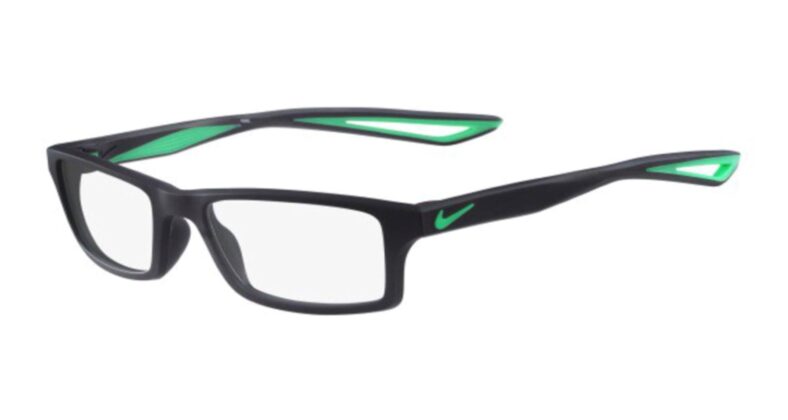 Black Nike eyeglasses with green accents.