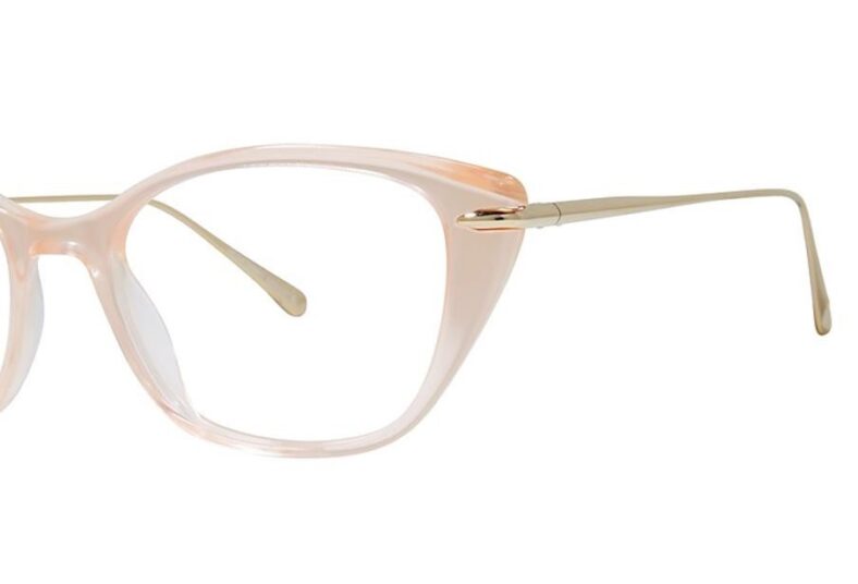 Pink cat-eye eyeglasses with gold arms.