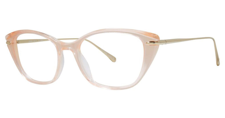 Peach cat-eye eyeglasses with gold accents.