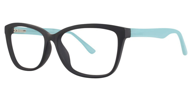 Black and teal cat-eye eyeglasses.