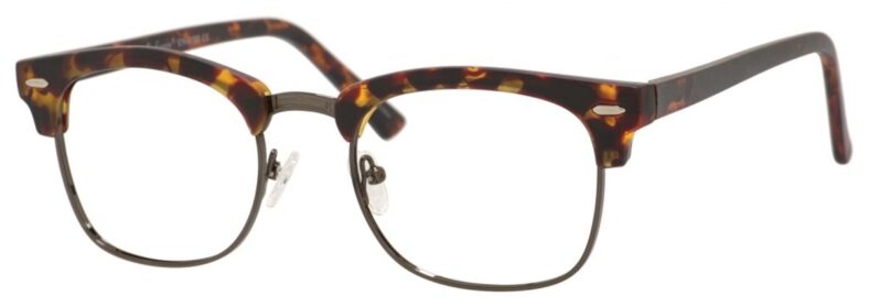 Brown tortoise shell eyeglasses with metal rims.