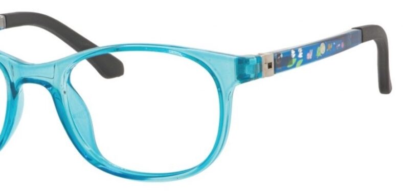 Here's an alt tag for the image: Blue kids' eyeglasses with fun design.