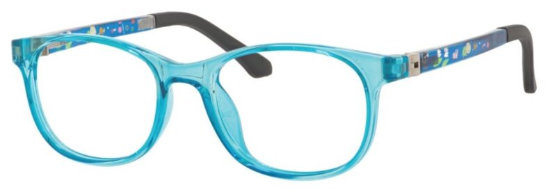 Here's an alt tag for the image: Kids' light blue eyeglasses with fun design.