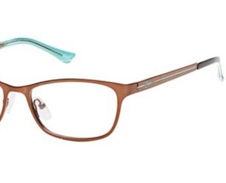 Brown rectangular eyeglasses with teal accents.