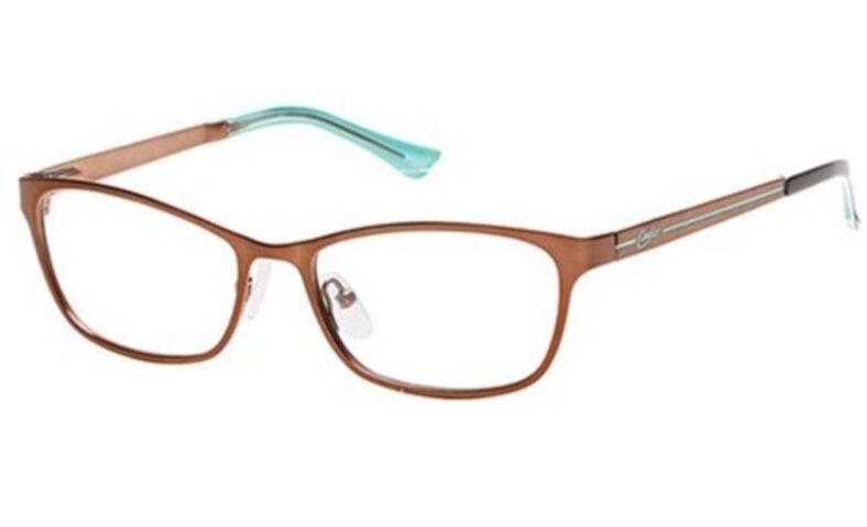 Brown rectangular eyeglasses with teal accents.