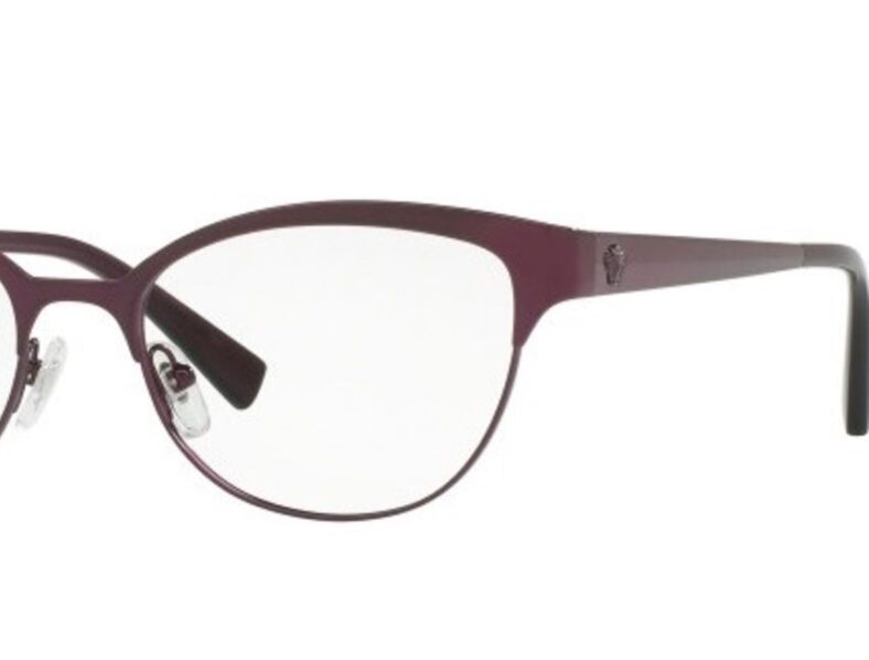 Purple Versace eyeglasses with clear lenses.