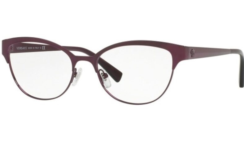 Purple Versace eyeglasses, cat-eye frames.