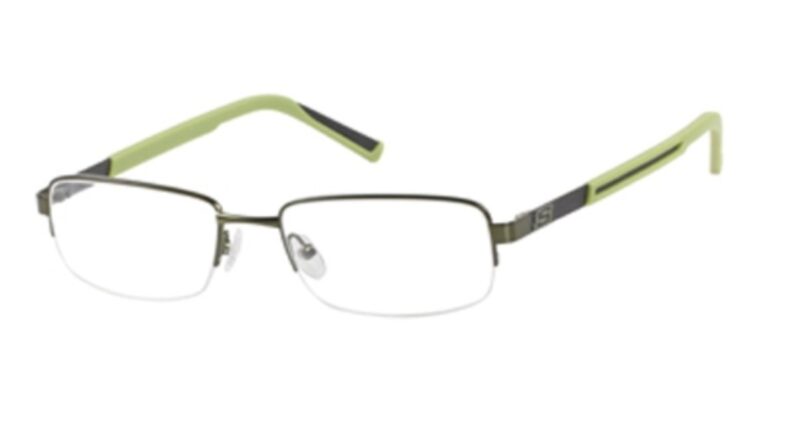 Green and gray semi-rimless eyeglasses.