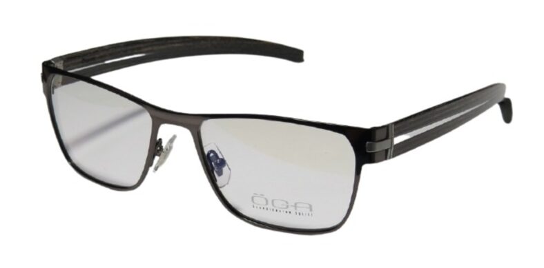 Black GA eyeglasses with gray lenses.
