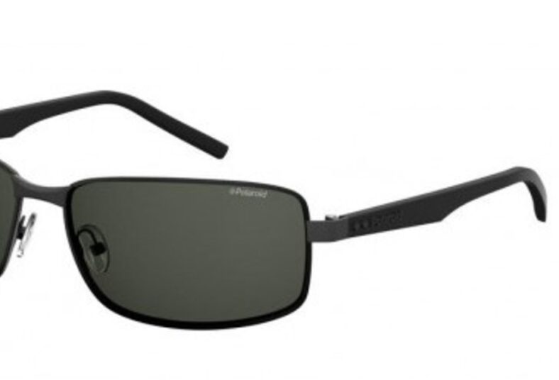 Black Polaroid sunglasses with gray lenses.