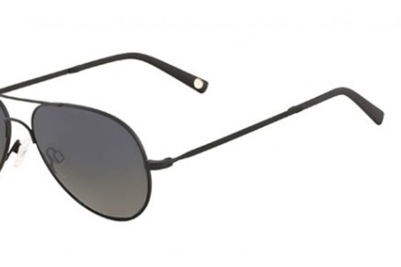 Black aviator sunglasses with dark lenses.