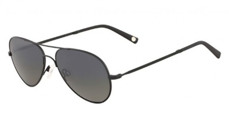 Black aviator sunglasses with gray lenses.