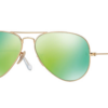 Gold Ray-Ban aviator sunglasses, green mirrored lenses.