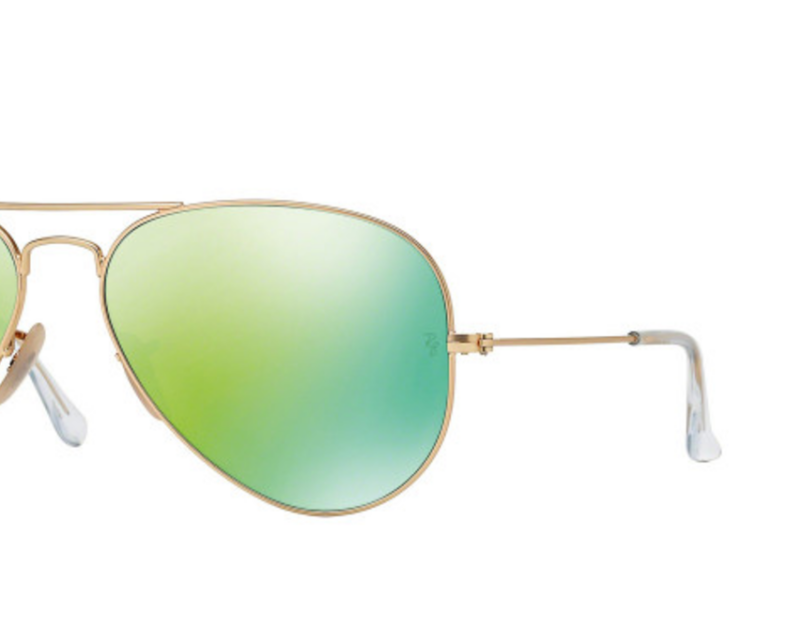 Gold Ray-Ban aviator sunglasses, green mirrored lenses.