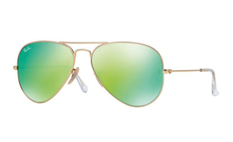 Gold Ray-Ban aviator sunglasses, green mirrored lenses.