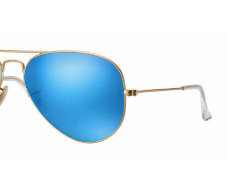 Gold Ray-Ban aviator sunglasses, blue mirror lenses.