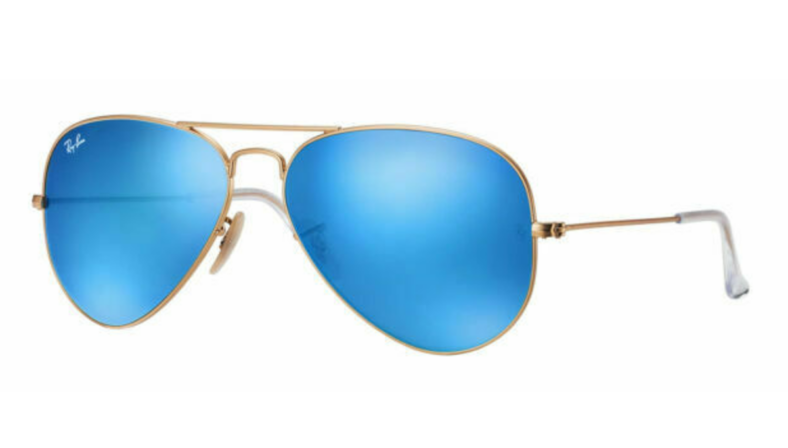Gold Ray-Ban aviator sunglasses, blue mirrored lenses.