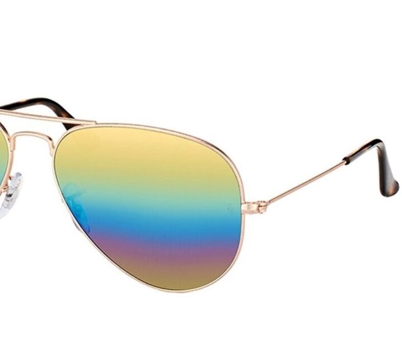 Gold Ray-Ban aviator sunglasses, rainbow lenses.