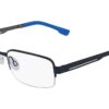 Flexon eyeglasses, dark frames, blue accents.