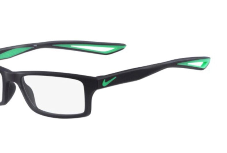 Black Nike eyeglasses with green accents.