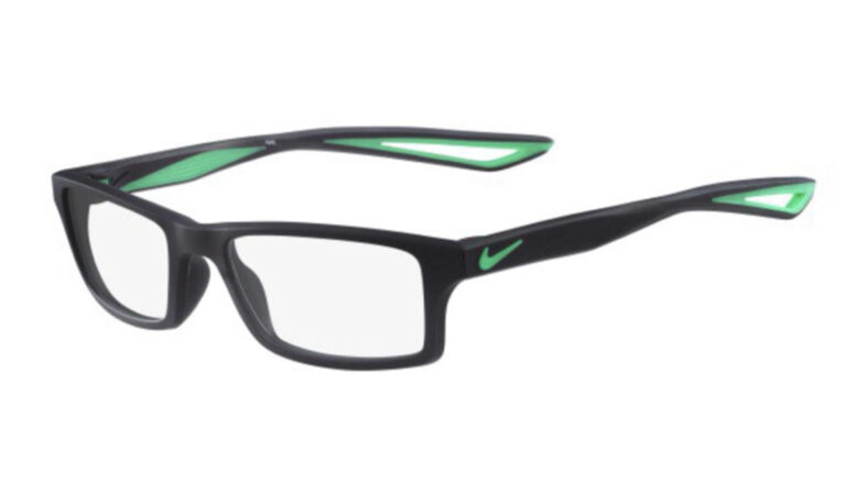 Black Nike eyeglasses with green accents.