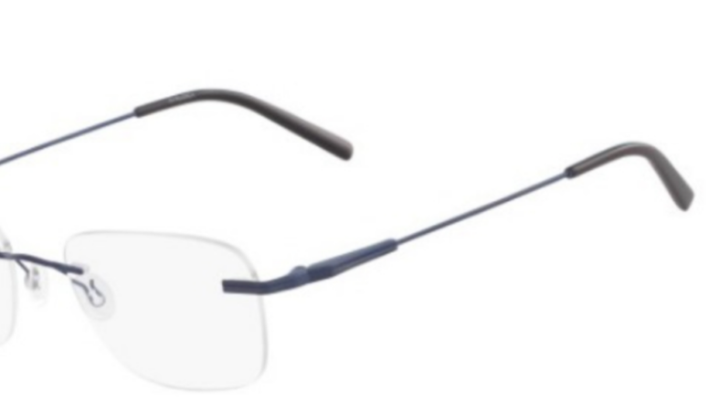 Sleek rimless eyeglasses, blue frame.