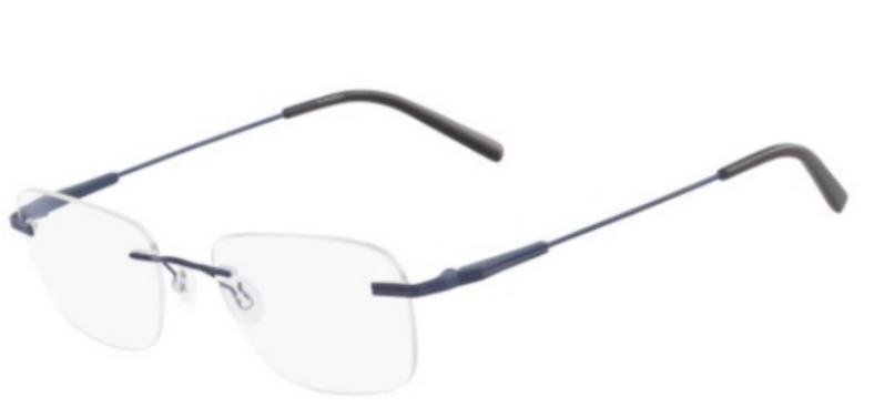 Blue rimless eyeglasses frame.