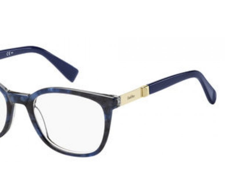 Blue and gold-trimmed eyeglasses.